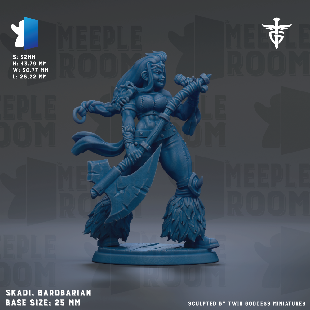 A detailed 3D model of a female warrior character, likely a bardarian, with a large sword and other weapons. The character is depicted in a dynamic pose, with a flowing cape and a determined expression. The image is described as a "meadow" and is part of a "meadow" series, suggesting it is a part of a larger collection or series. The base size of the figure is 25mm.