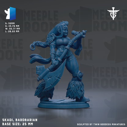 A detailed 3D model of a female warrior character, likely a bardarian, with a large sword and other weapons. The character is depicted in a dynamic pose, with a flowing cape and a determined expression. The image is described as a "meadow" and is part of a "meadow" series, suggesting it is a part of a larger collection or series. The base size of the figure is 25mm.