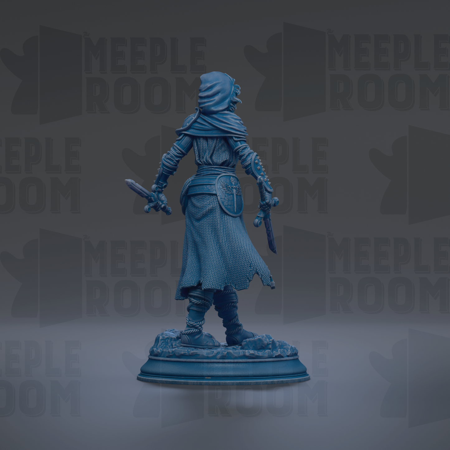 A blue statue of a person holding a shield and sword, standing on a pedestal against a dark background with repeated text.