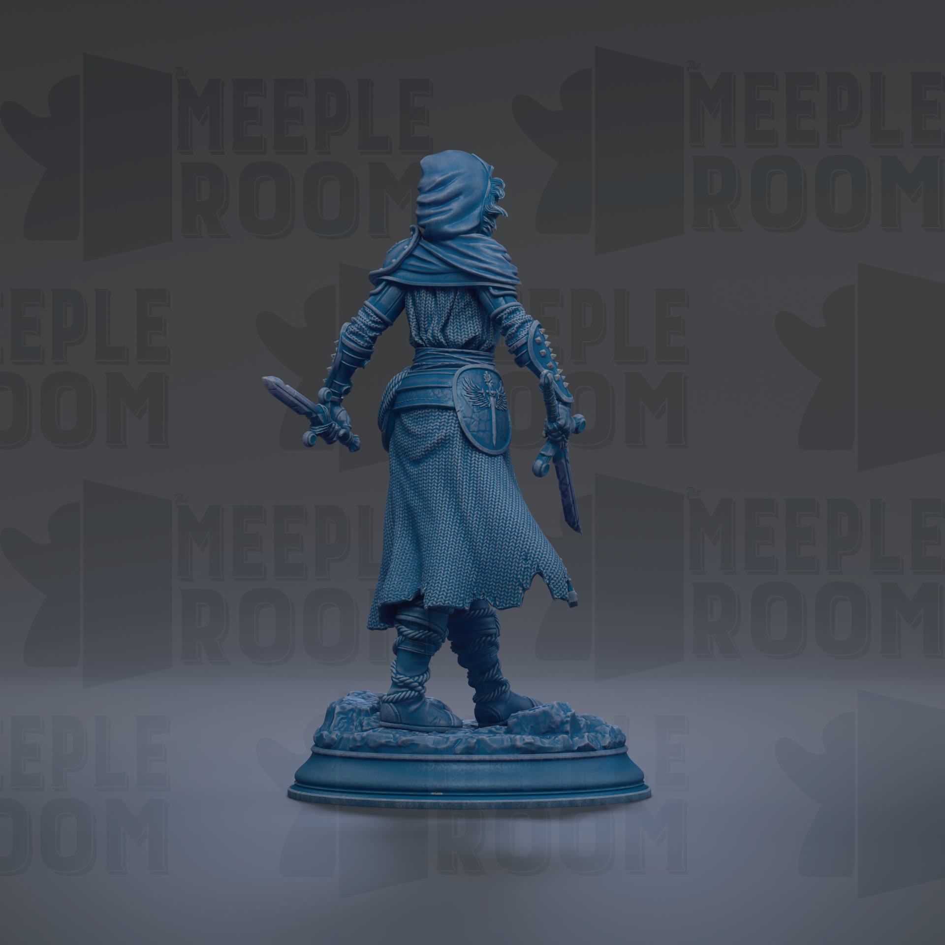 A blue statue of a person holding a shield and sword, standing on a pedestal against a dark background with repeated text.