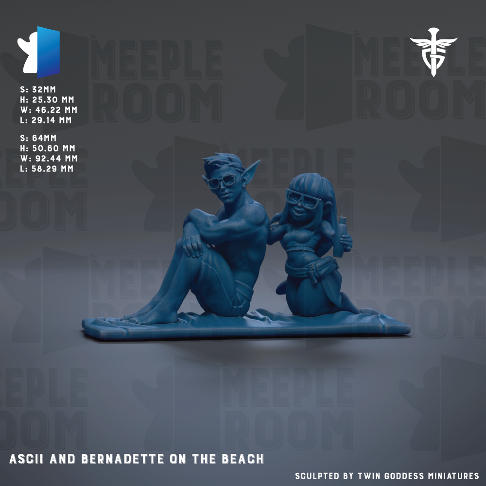 a statue of a man and a woman sitting on a beach, with the man holding a beer bottle and the woman holding a drink. The statue is blue and is placed on a platform. The background of the image is gray, and there is text that reads "MEELPLE ROOM" repeated multiple times throughout the image.