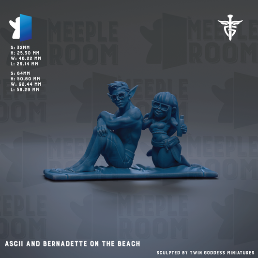 a statue of a man and a woman sitting on a beach, with the man holding a beer bottle and the woman holding a drink. The statue is blue and is placed on a platform. The background of the image is gray, and there is text that reads "MEELPLE ROOM" repeated multiple times throughout the image.