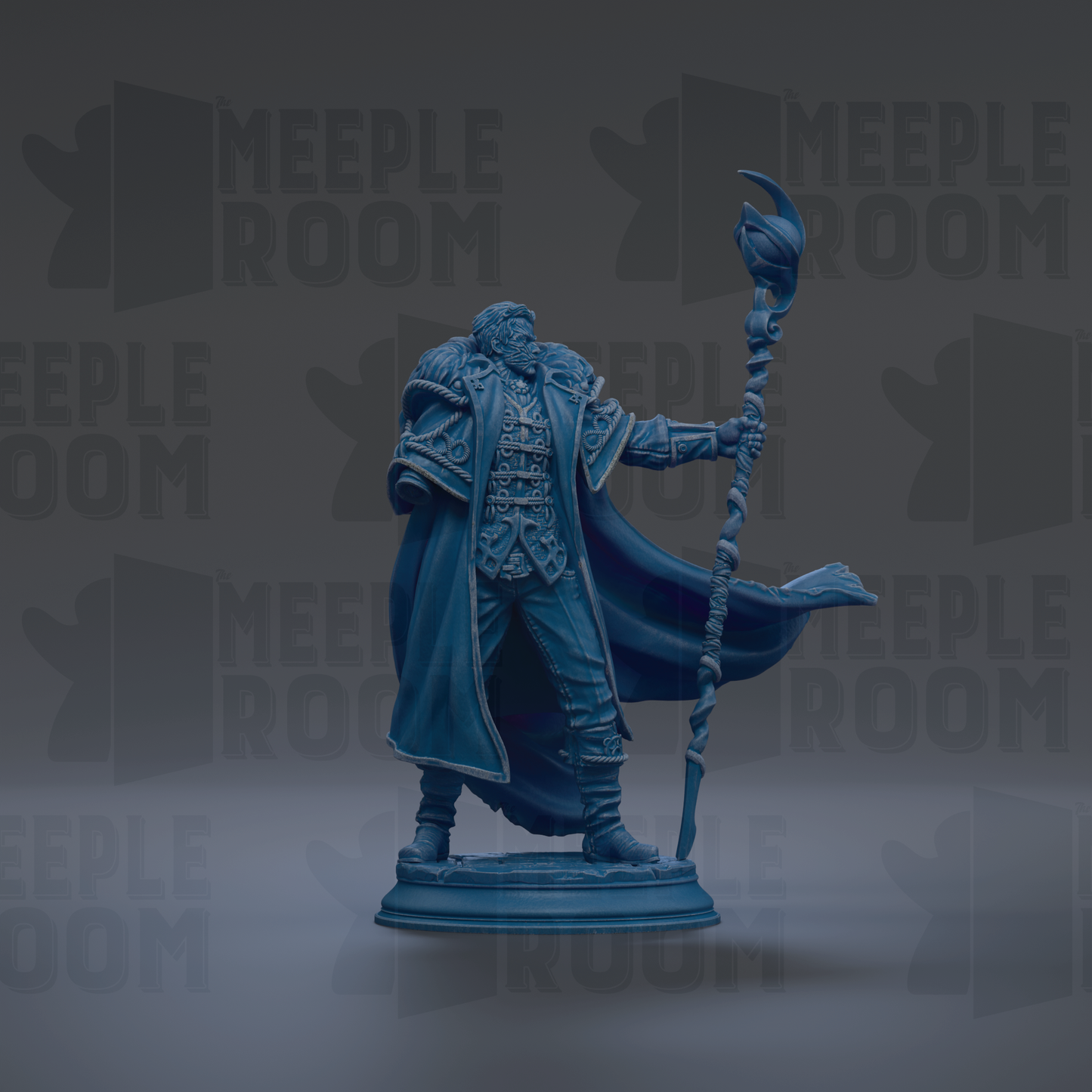 A blue figurine of a person holding a staff and a staff-like object, standing on a pedestal against a dark background with repeated text.