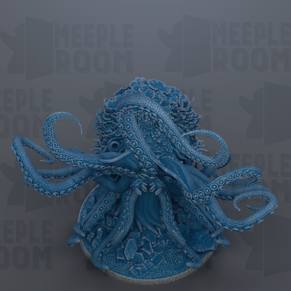 A large, intricate blue octopus sculpture with its tentacles spread out, set against a dark background with repeated text.