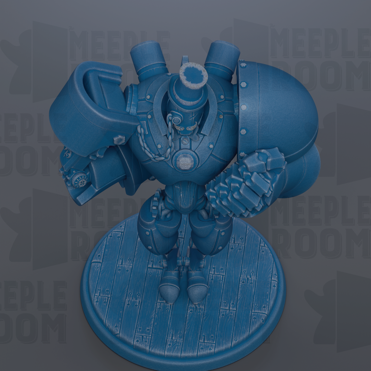 A blue, mechanical robot figure stands on a wooden base, with the text "MEEPLE ROOM" visible in the background.