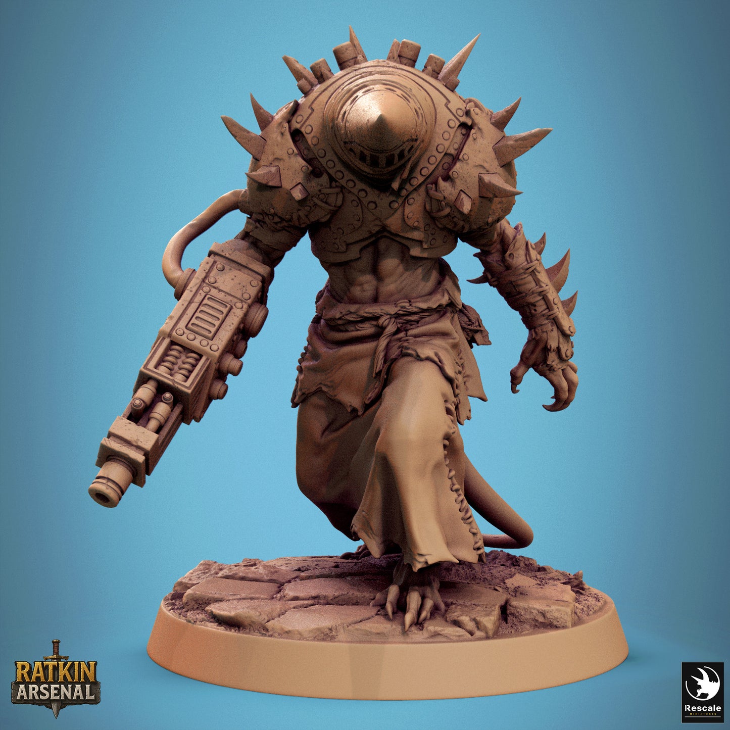 A 3D rendering of a heavily armored and armed robotic or mechanical figure, with a large gun-like weapon attached to its side. The figure appears to be a character from a video game or other digital media.