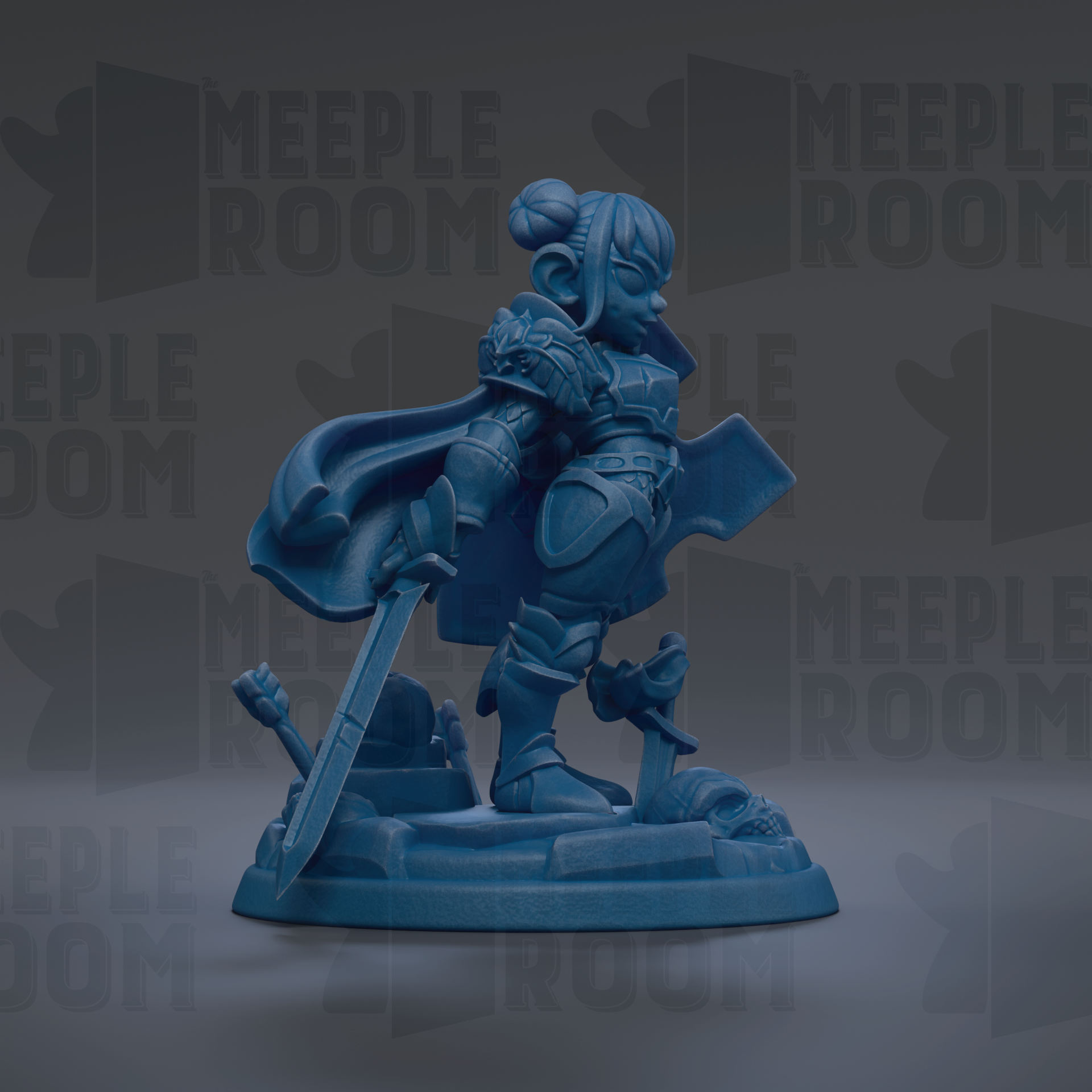 A blue figurine of a female character with a sword and shield, standing on a base and holding a shield in one hand.