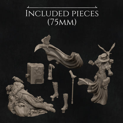 a set of miniature figurines including a wizard, a wizard, and a