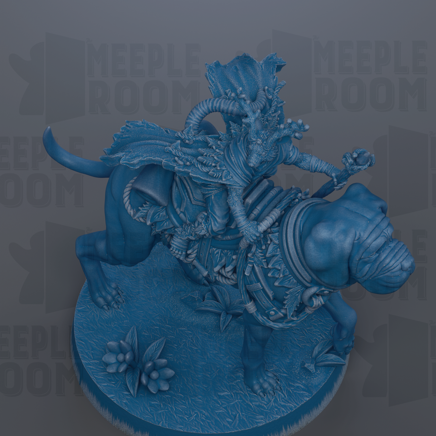 A detailed 3D rendering of a fantastical creature, possibly a dragon or serpent, riding on the back of a large, muscular animal. The creature is adorned with intricate patterns and designs, giving it a majestic and powerful appearance. The background is a dark blue color, which contrasts with the creature and makes it stand out prominently.