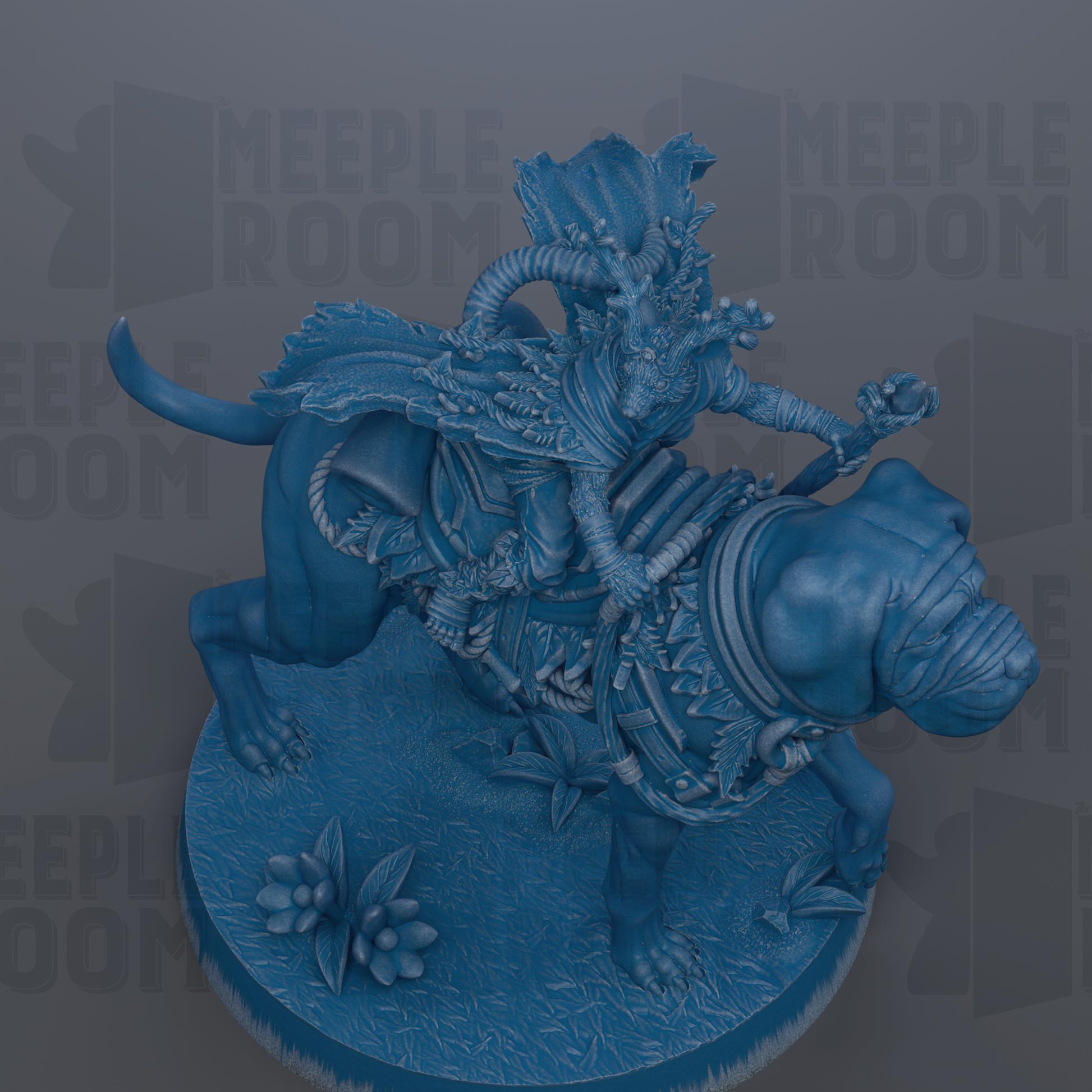 A detailed 3D rendering of a fantastical creature, possibly a dragon or serpent, riding on the back of a large, muscular animal. The creature is adorned with intricate patterns and designs, giving it a majestic and powerful appearance. The background is a dark blue color, which contrasts with the creature and makes it stand out prominently.