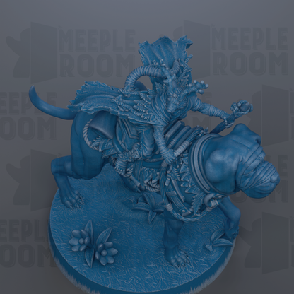 A detailed 3D rendering of a fantastical creature, possibly a dragon or serpent, riding on the back of a large, muscular animal. The creature is adorned with intricate patterns and designs, giving it a majestic and powerful appearance. The background is a dark blue color, which contrasts with the creature and makes it stand out prominently.