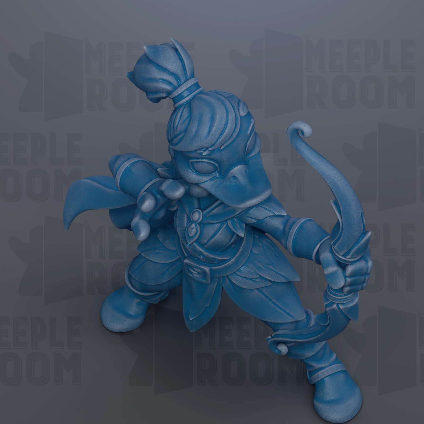 A blue figurine of a character holding a bow and arrow, standing in a fighting stance.