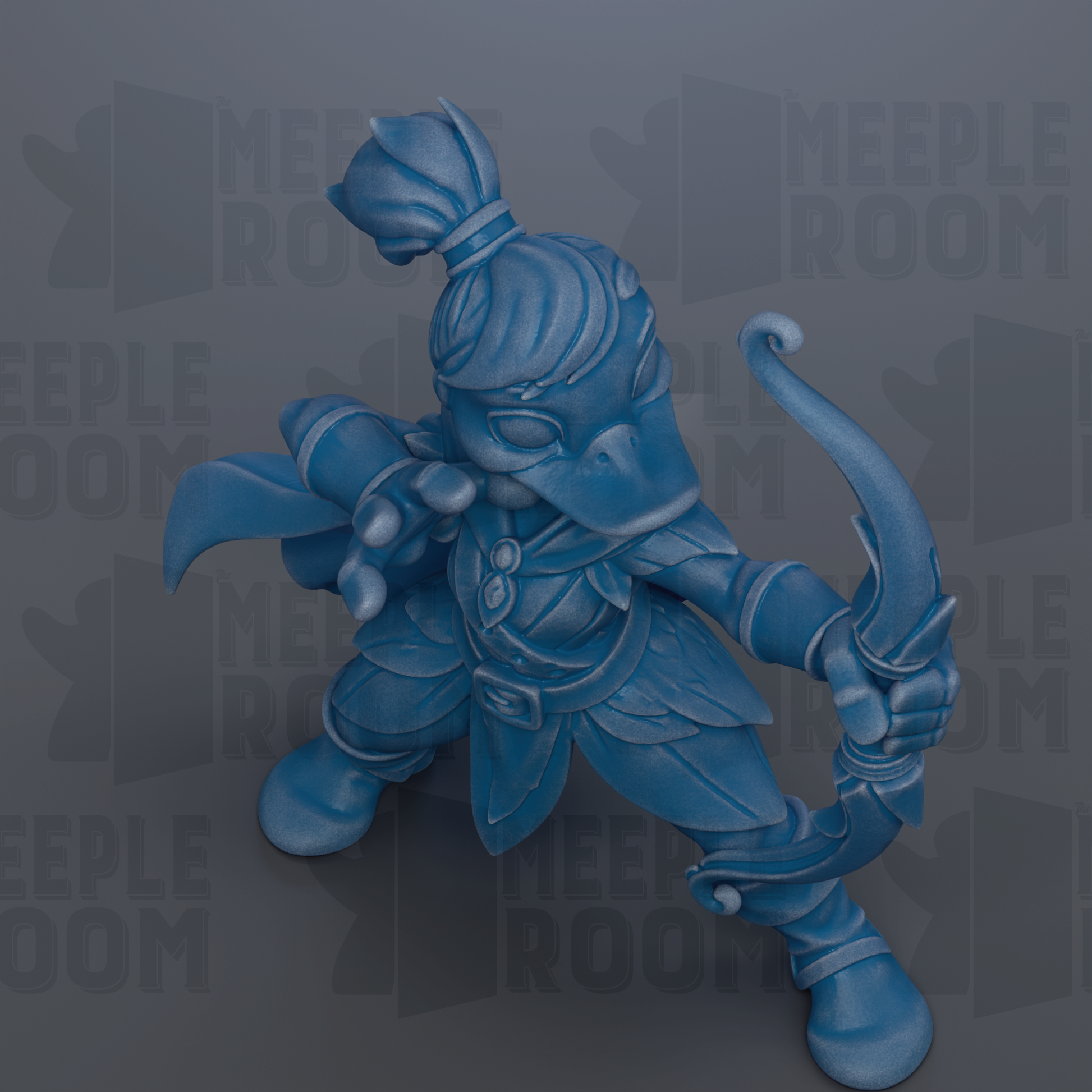 A blue figurine of a character holding a bow and arrow, standing in a fighting stance.