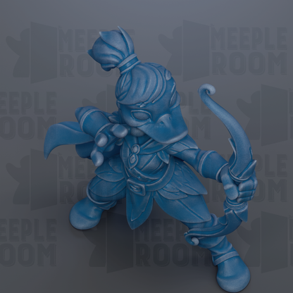 A blue figurine of a character holding a bow and arrow, standing in a fighting stance.