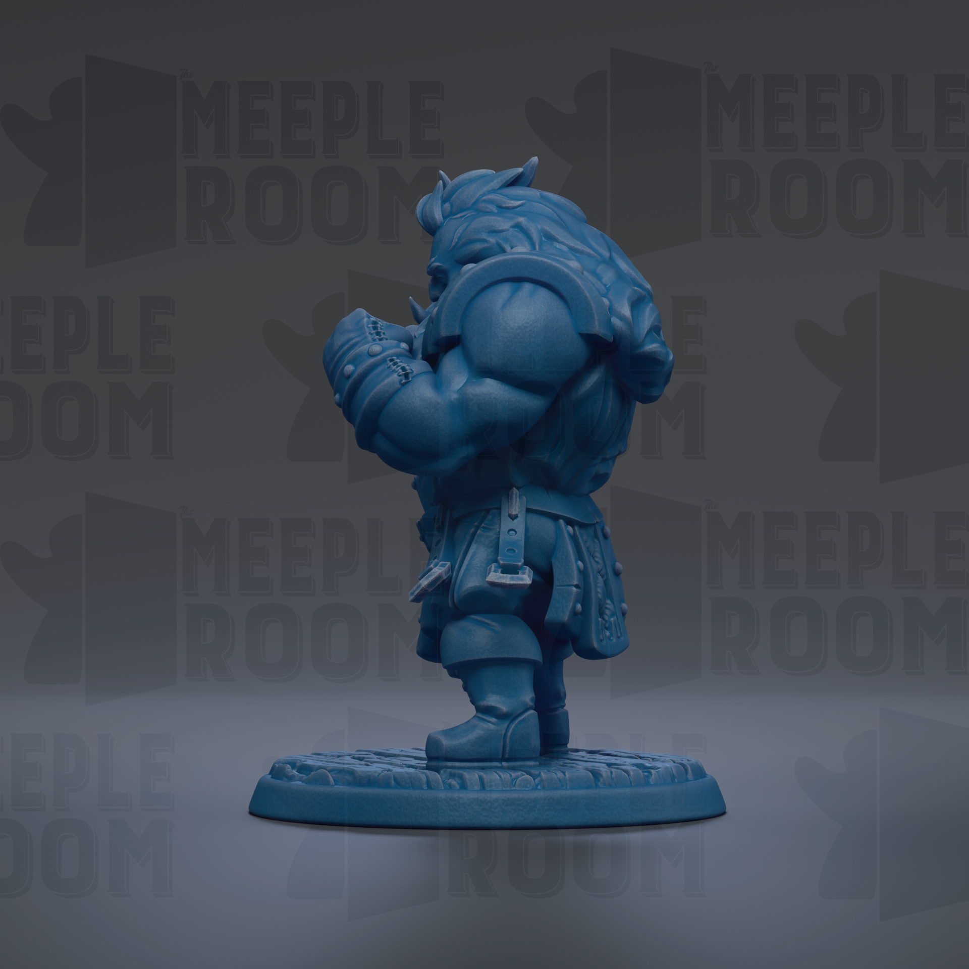 A blue figurine of a muscular, bearded character standing on a base against a dark background with repeated text.