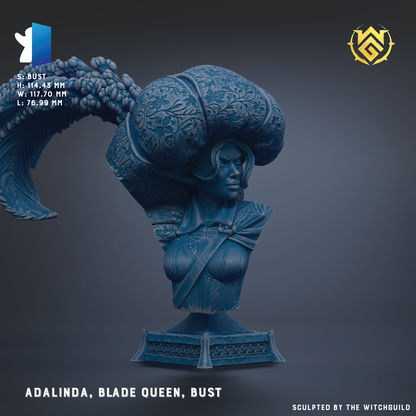 The image is a 3D model of a bust sculpture of a woman with a large headdress, named Adalinda, and the text indicates that it is busted by The Witchguild.