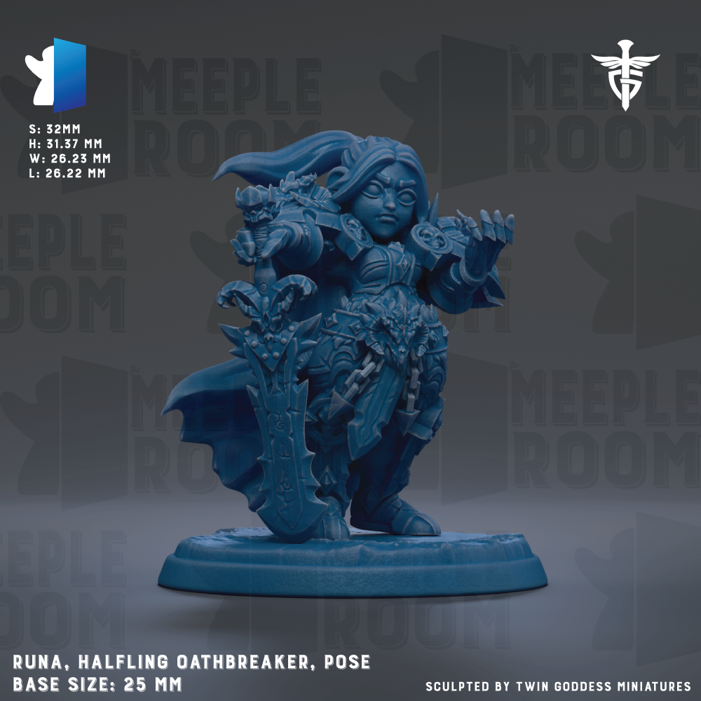 The image is a detailed 3D model of a female character, likely a halfling or oathbreaker, posed on a base. The character is depicted in a dynamic pose, with a sword in her hand and a flowing cape. The image is described as a "base size: 25mm" and "sculpted by TWIN GODESS MINIATURES".