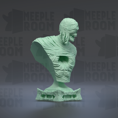 A green bust sculpture of a person with a wrapped head, displayed against a dark background with repeated text.