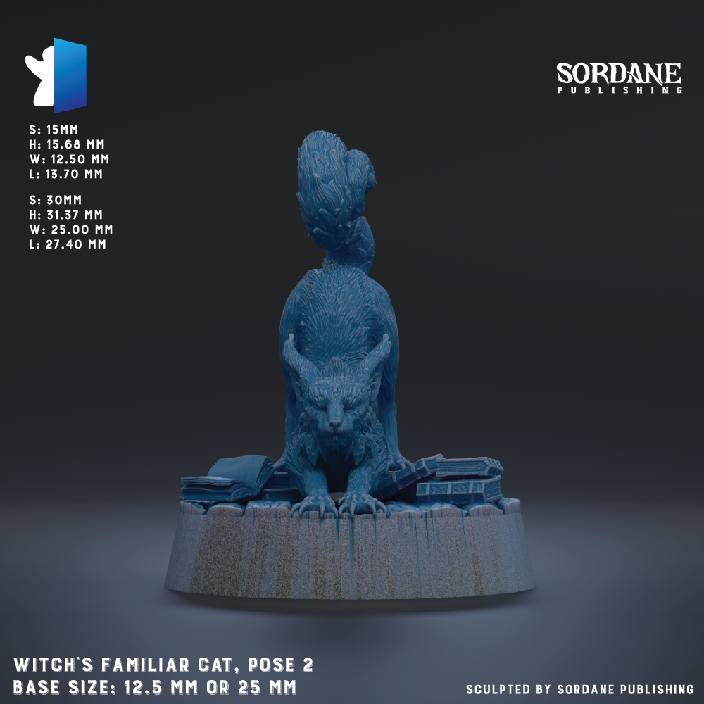 a figurine of a cat, specifically a witch's familiar cat, posed on a base. The figurine is described as a base size of 12.5 mm or 25 mm. The image is published by Sordane Publishing.