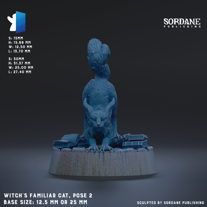 a figurine of a cat, specifically a witch's familiar cat, posed on a base. The figurine is described as a base size of 12.5 mm or 25 mm. The image is published by Sordane Publishing.