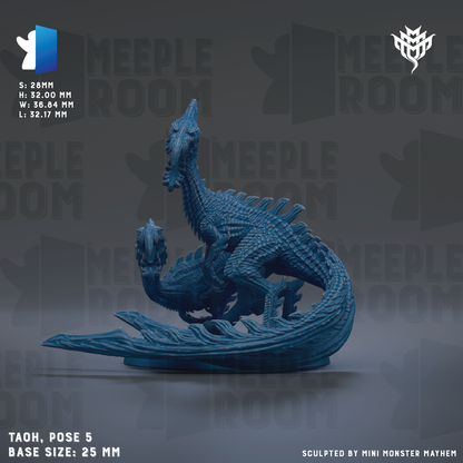 a blue, 3D-rendered dragon-like creature with a long, curved tail and sharp teeth, posed on a base. The creature appears to be a miniature model, as indicated by the text "TAOH, pose 5" and "base size: 25mm". The background of the image is dark, providing a stark contrast to the dragon-like figure.