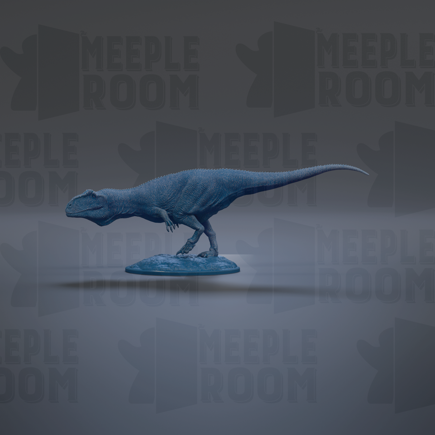 A 3D model of a dinosaur, specifically a T-Rex, is shown in a dynamic pose, standing on a platform.