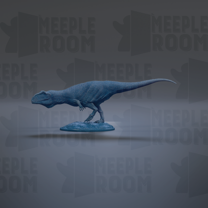 A 3D model of a dinosaur, specifically a T-Rex, is shown in a dynamic pose, standing on a platform.
