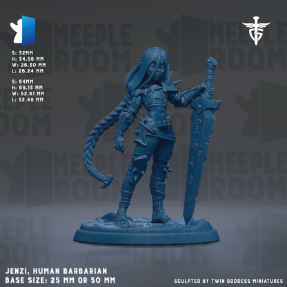A detailed 3D model of a human barbarian character, specifically a Meeple-style human barbarian, with a sword in hand. The character is depicted in a dynamic pose, standing on a base that is either 25mm or 50mm in size. The image is a sculpted piece by Twin Goddess Miniatures, and it is described as a "JENZI, HUMAN BARBARIAN BASE SIZE: 25MM OR 50MM".