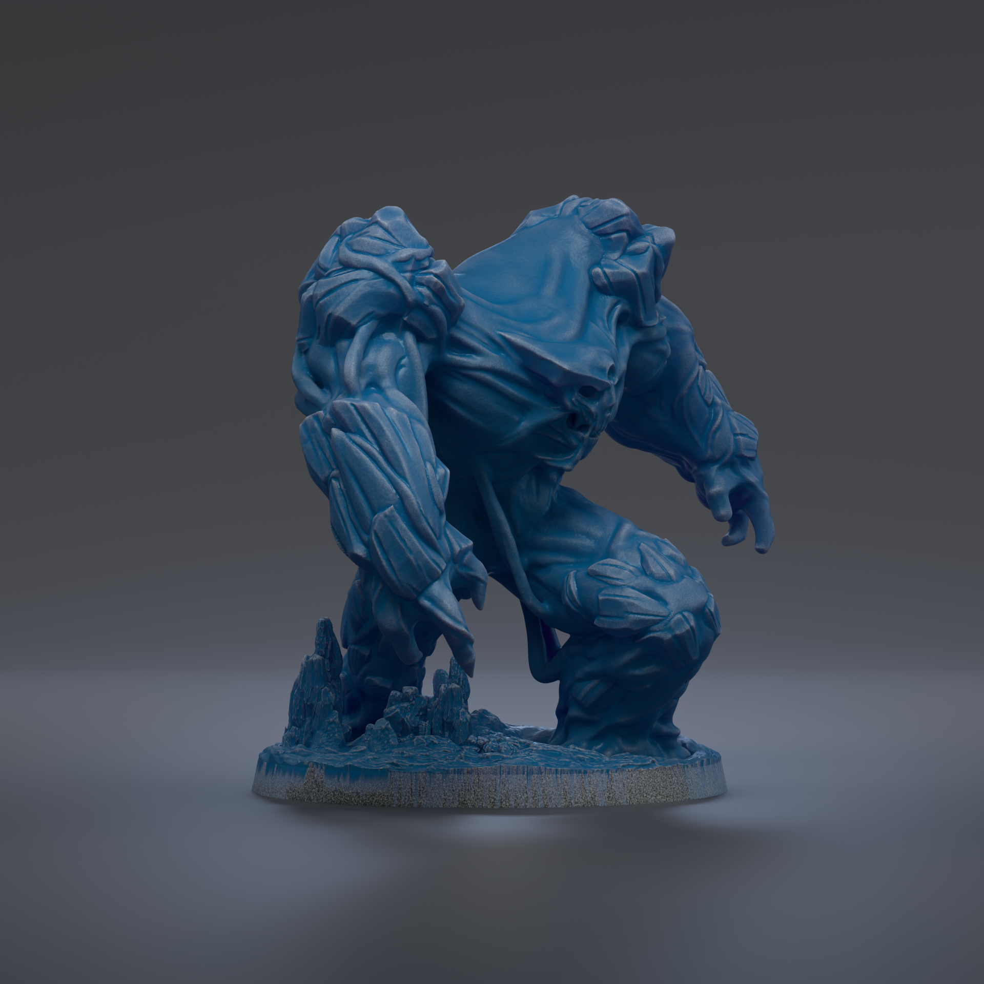 A blue, sculpted figurine of a fantastical creature with a large head and extended arms, standing on a base with rocks.