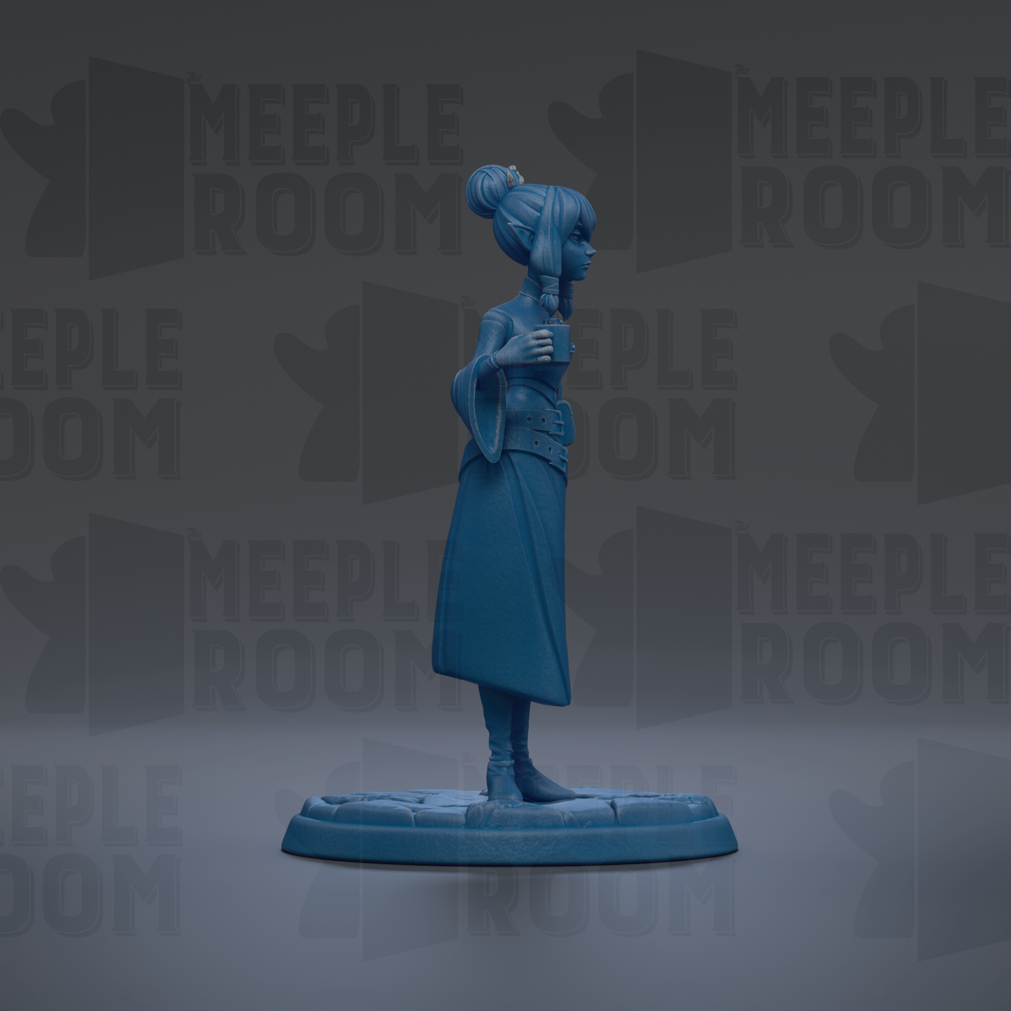 A blue figurine of a woman standing on a platform against a dark background with repeated text.