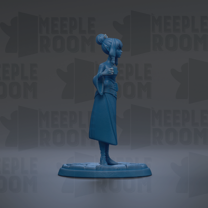 A blue figurine of a woman standing on a platform against a dark background with repeated text.