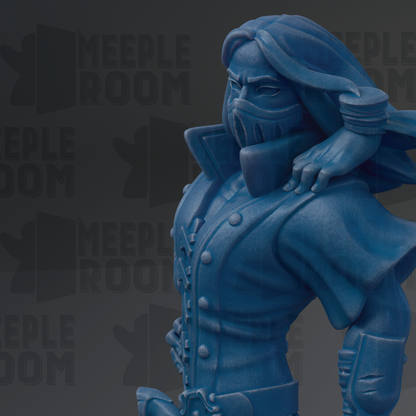 A blue statue of a person with long hair and a mask, standing in a dark background with the text "MEEPLE ROOM" repeated multiple times.