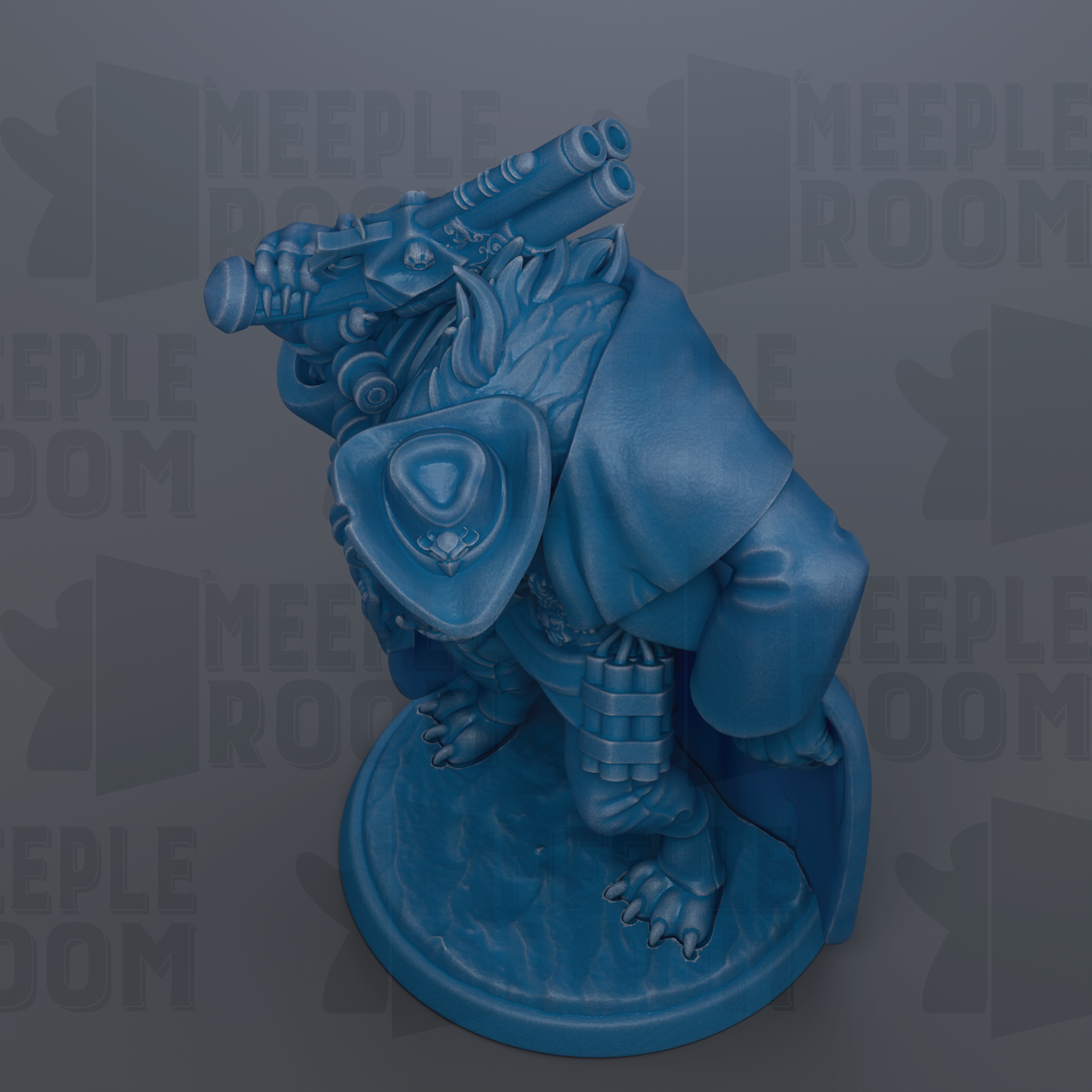 A blue figurine of a creature with a gun on its head, standing on a base.