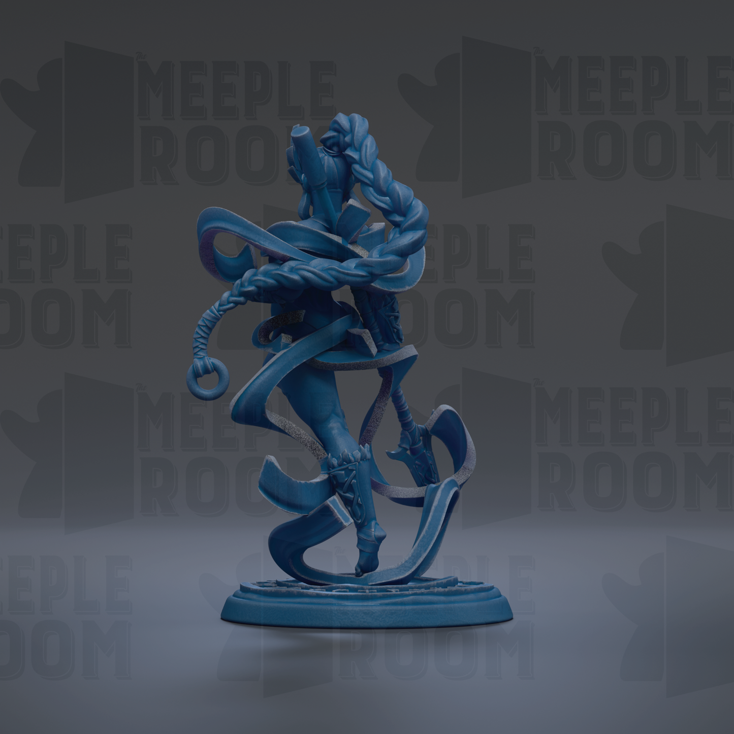 A blue, abstract sculpture with flowing, intertwined lines and shapes, set against a dark background with repeated text.