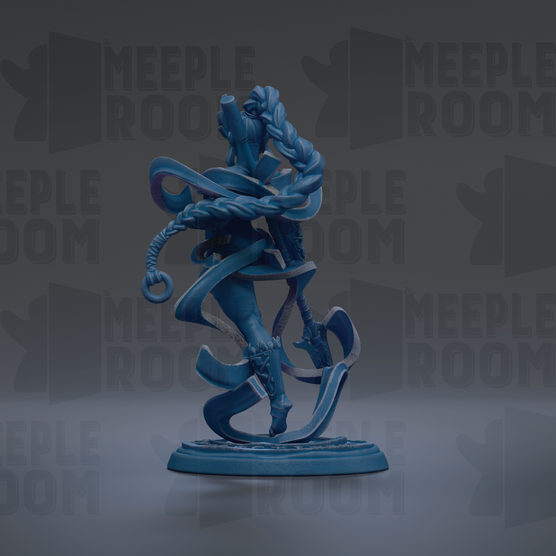 A blue, abstract sculpture with flowing, intertwined lines and shapes, set against a dark background with repeated text.