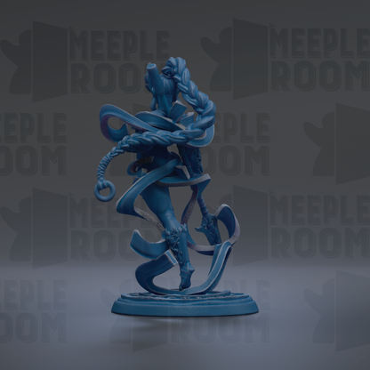 A blue, abstract sculpture with flowing, intertwined lines and shapes, set against a dark background with repeated text.