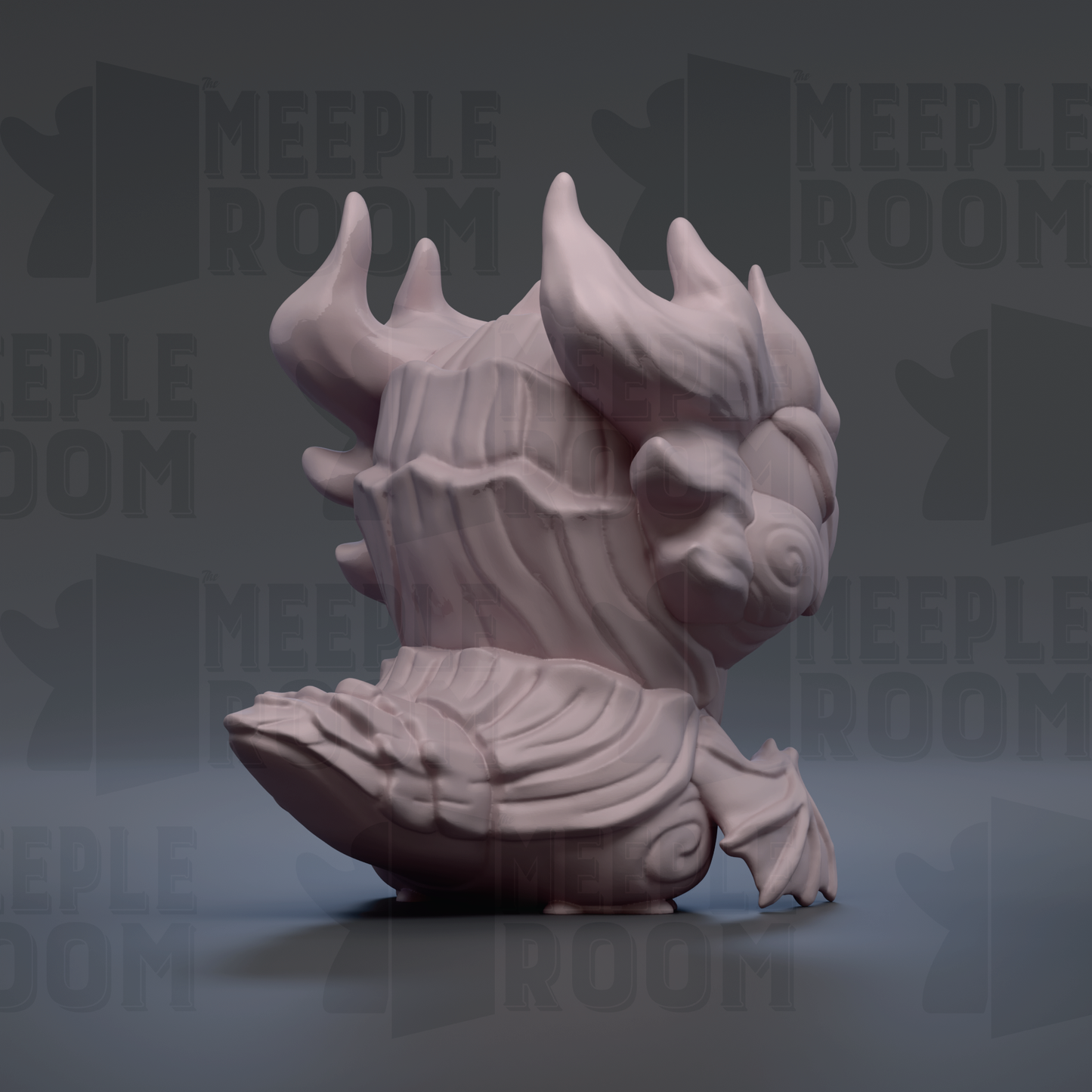 A 3D rendering of a stylized, abstract creature with horns and a large head, set against a dark background with repeated text.