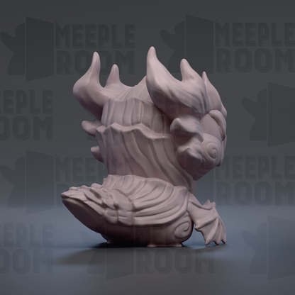 A 3D rendering of a stylized, abstract creature with horns and a large head, set against a dark background with repeated text.