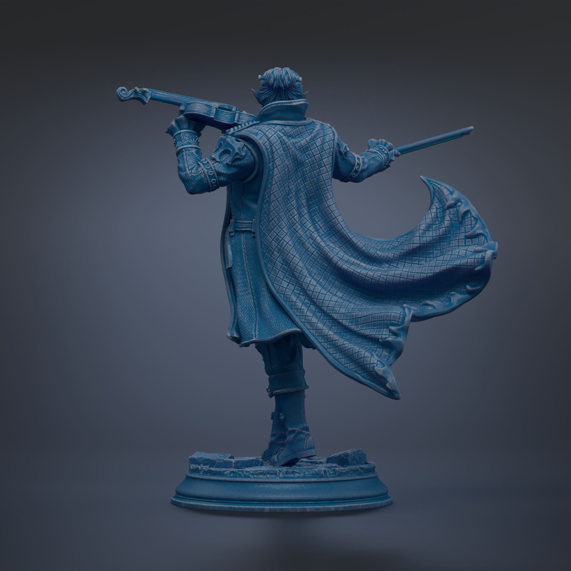A 3D rendering of a statue of a person playing a musical instrument, such as a violin or cello, with a flowing cape.