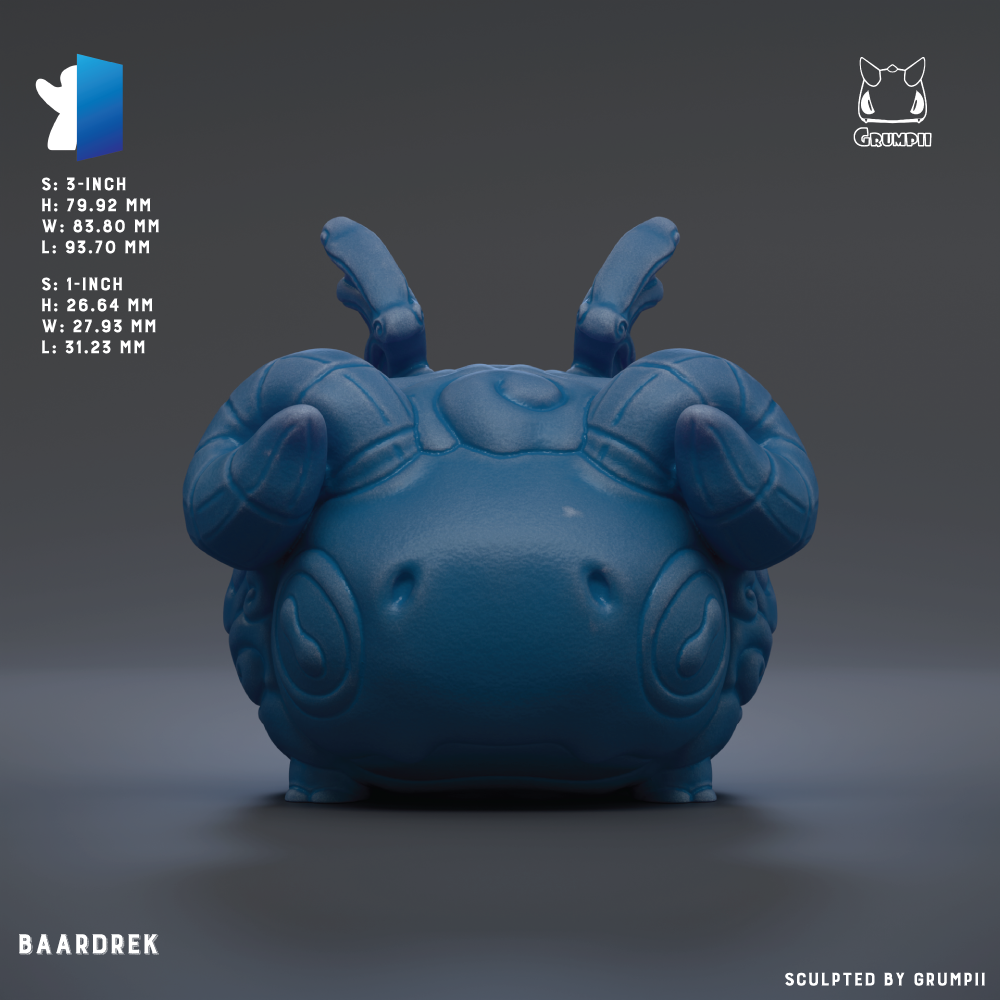 A 3D rendering of a blue ram figurine with horns, sitting on a gray surface.