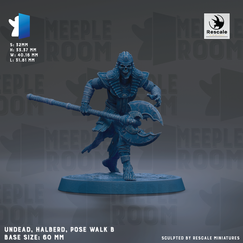 a figurine of a warrior character, specifically the Meeples, posed in a dynamic walking stance with a large weapon. The figurine is set against a dark background with repeated text and logos.