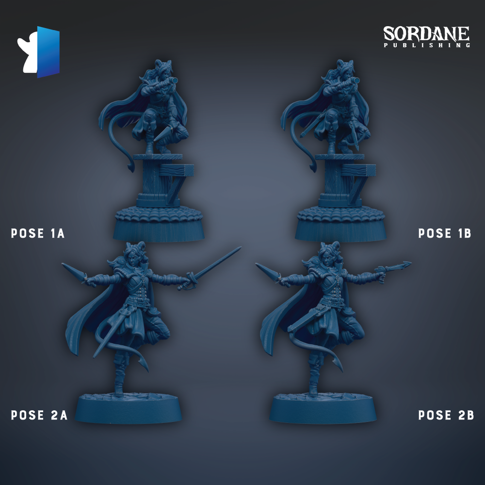 four figurines of a character with a cape and sword, arranged in a grid-like pattern.