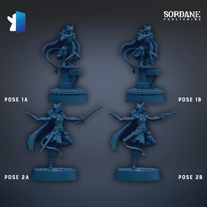 four figurines of a character with a cape and sword, arranged in a grid-like pattern.