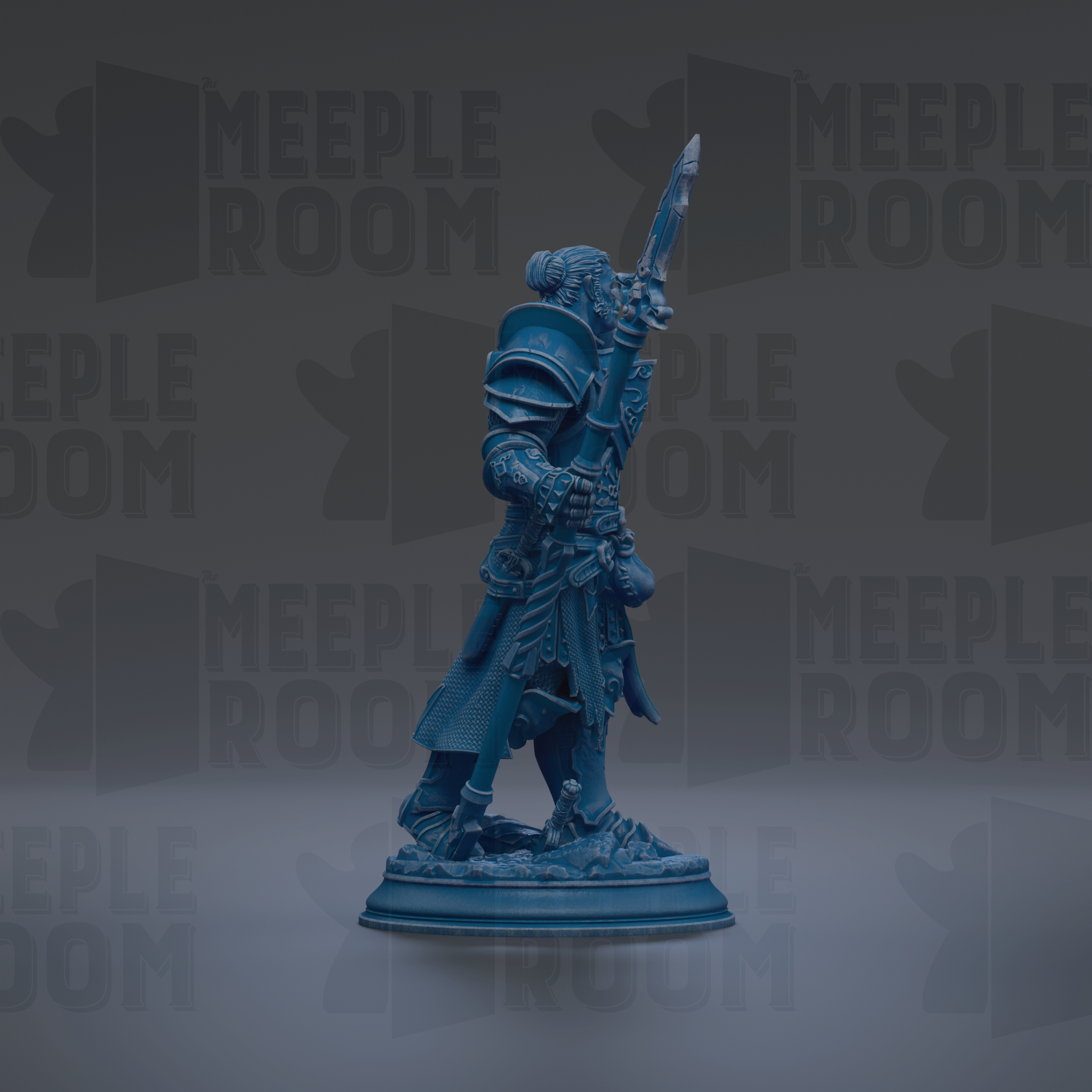 A blue figurine of a warrior standing on a pedestal, holding a sword and shield, against a dark background with repeated text.