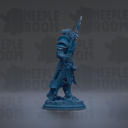 A blue figurine of a warrior standing on a pedestal, holding a sword and shield, against a dark background with repeated text.