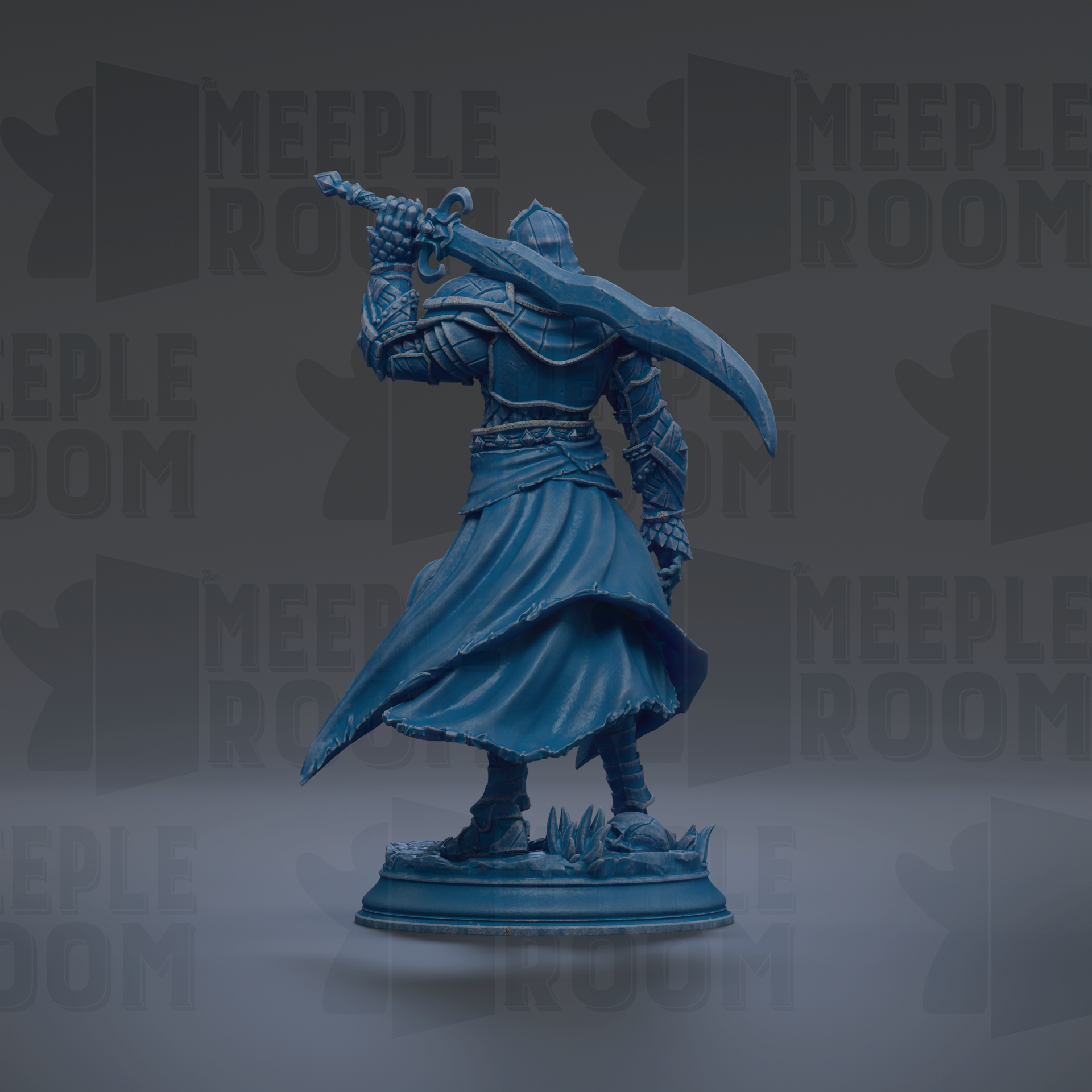 A blue statue of a warrior figure holding a sword and shield, standing on a pedestal against a dark background with repeated text.