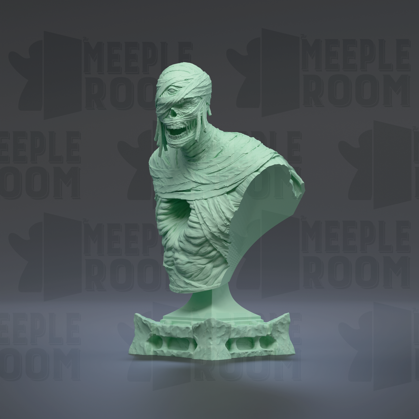 A green bust sculpture of a mummified figure, likely representing the character Mummy, is displayed against a dark background with repeated text.