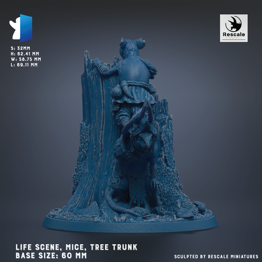 A 3D model of a tree trunk with a figure riding on top of it, set against a dark background.