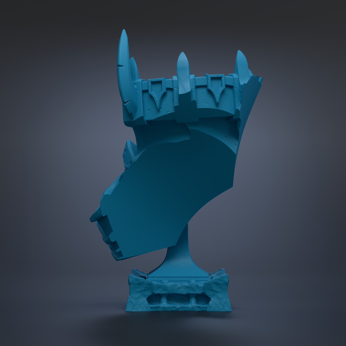 A blue, abstract sculpture with a unique, organic shape stands against a dark background.