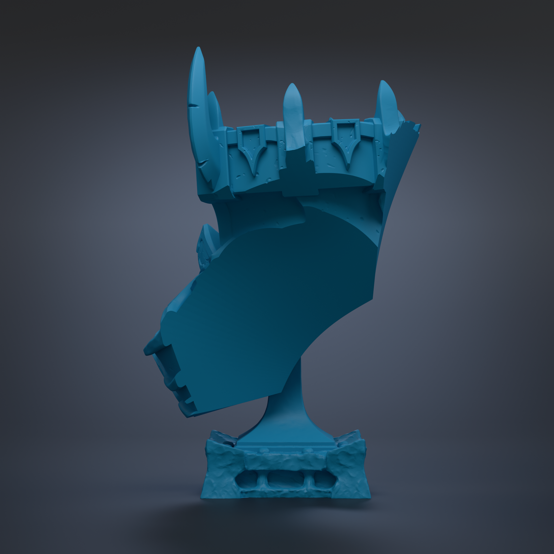 A blue, abstract sculpture with a unique, organic shape stands against a dark background.